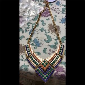 Necklace gold toned costume jewelry w beads & stones orange blue green